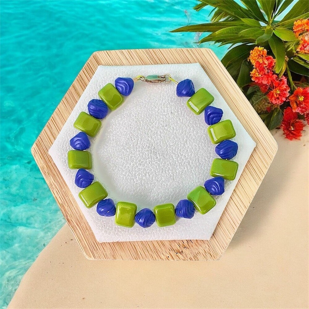 14K GF Handmade Beaded Bracelet Womens Blue & Lime Green Chunky Lobster Clasp